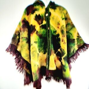 🌹Vintage Real Wool Tie Die Multicolour Hooded Cape with Fringe
